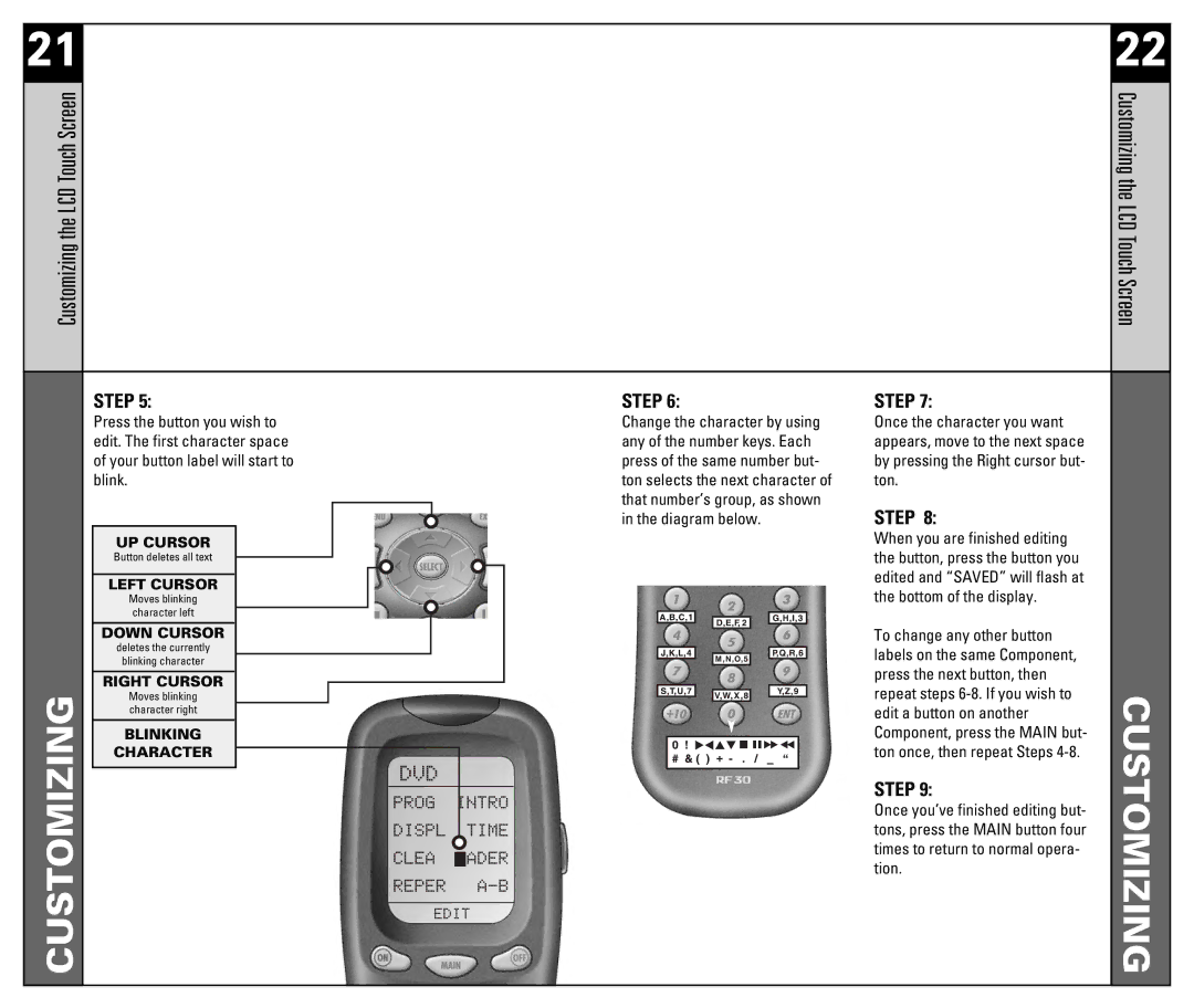 Universal Remote Control RF30 manual Customizing the LCD Touch Screen 