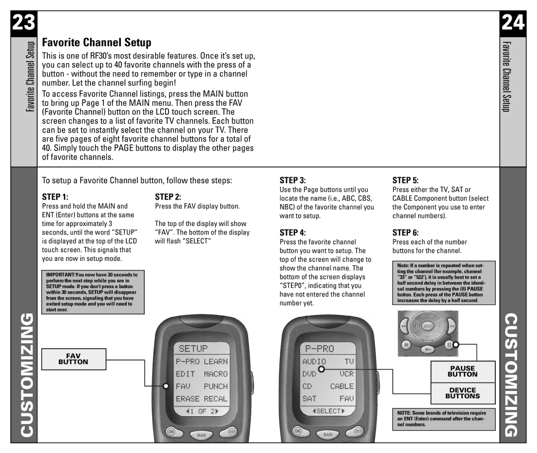 Universal Remote Control RF30 manual Favorite Channel Setup 