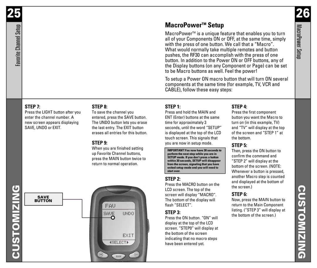 Universal Remote Control RF30 manual MacroPowerTM Setup 