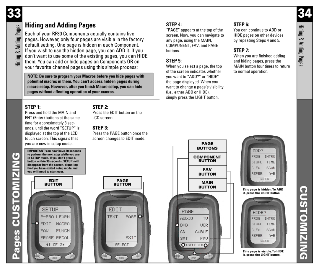 Universal Remote Control RF30 manual Hiding & Adding Pages, Hiding and Adding Pages 