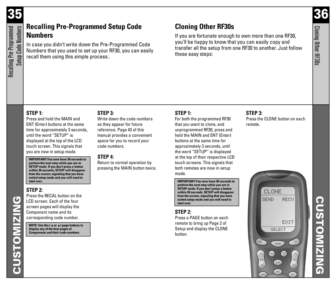 Universal Remote Control manual Recalling Pre-Programmed Setup Code Numbers, Cloning Other RF30s 