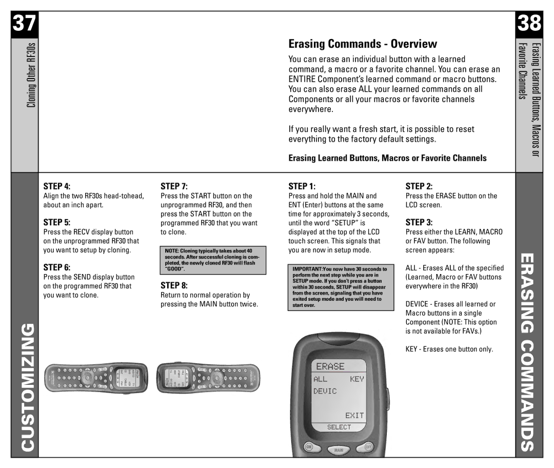 Universal Remote Control RF30 manual Erasing Commands Overview, You can erase an individual button with a learned 