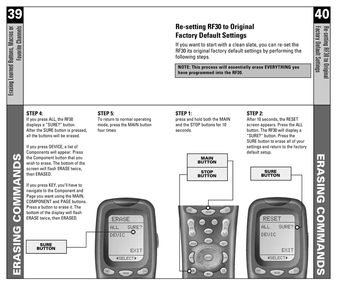 Universal Remote Control manual Re-setting RF30 to Original, Factory Default Settings 