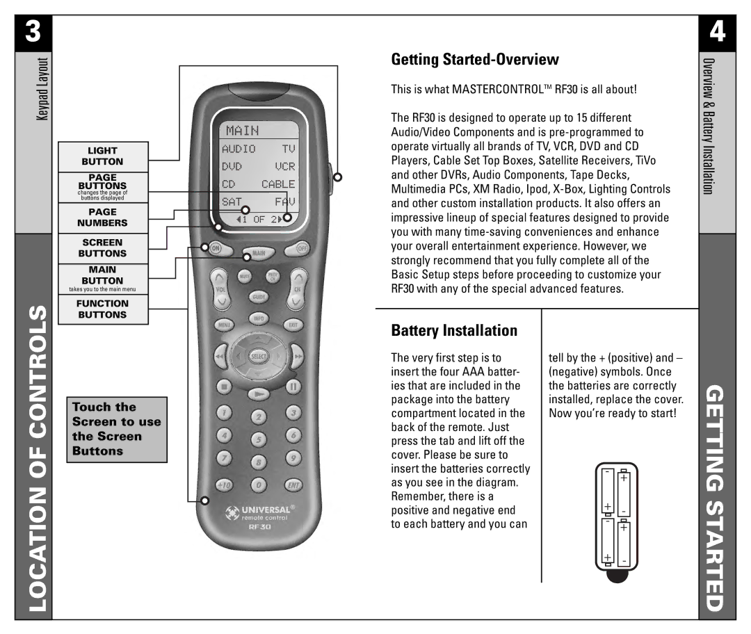 Universal Remote Control RF30 manual Location of Controls, Getting Started-Overview, Battery Installation 