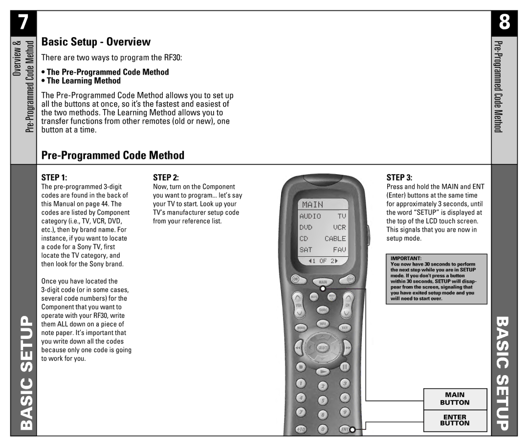 Universal Remote Control RF30 manual Pre-Programmed Code Method, Basic Setup Overview 