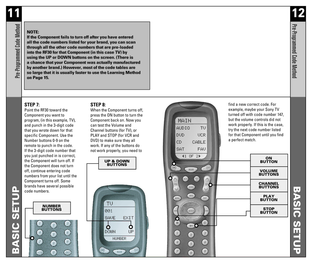 Universal Remote Control RF30 manual Pre-Programmed Code Method 