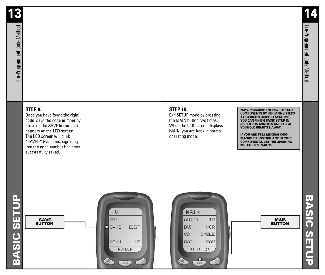 Universal Remote Control RF30 manual Pre-Programmed Code Method 