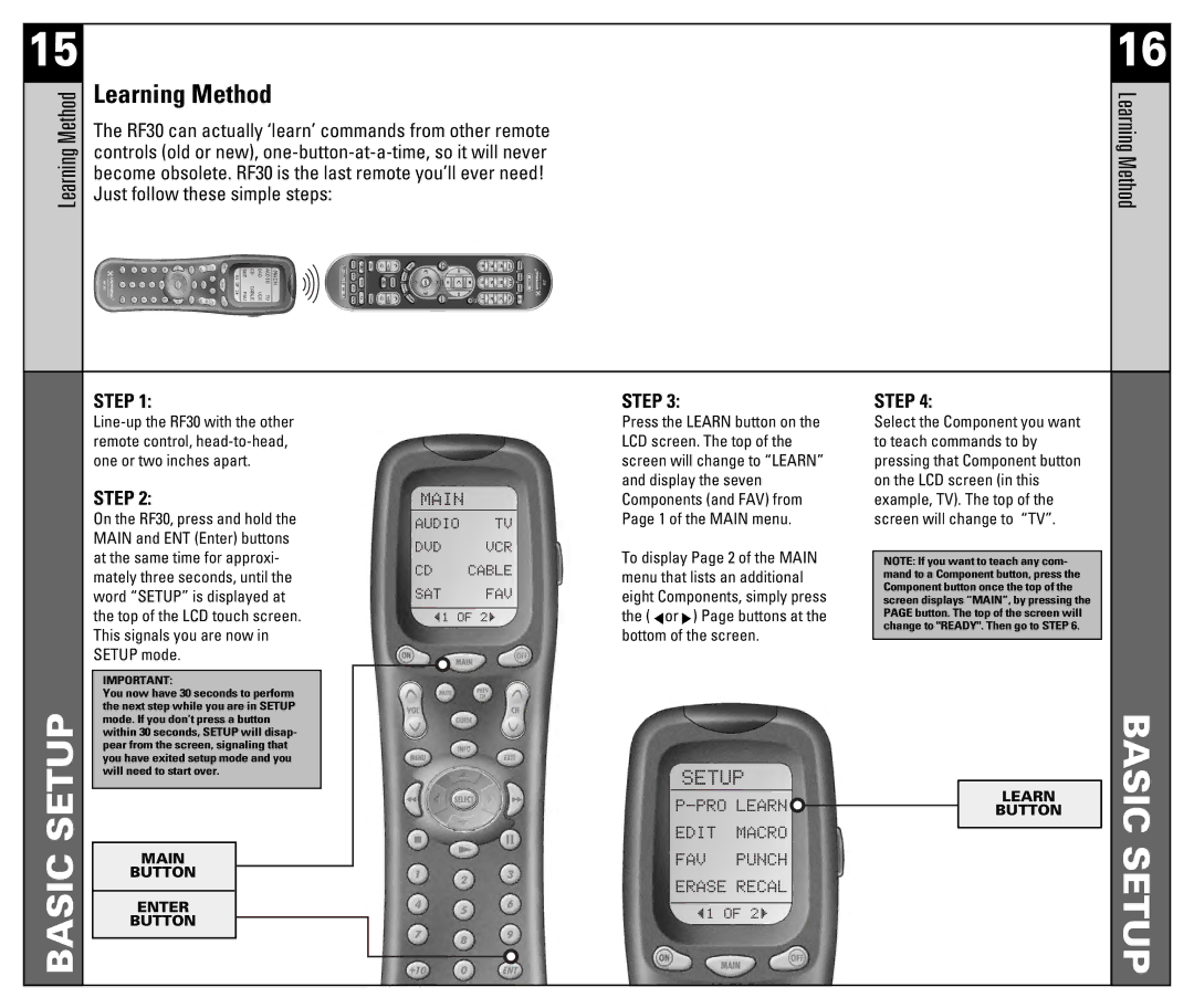 Universal Remote Control RF30 manual Setup, Basic, Learning Method 