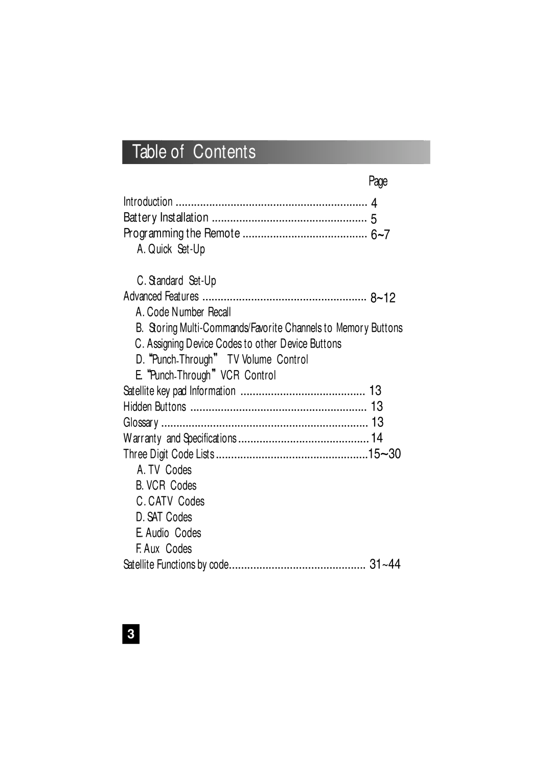 Universal Remote Control SL-7000 manual Table of Contents 