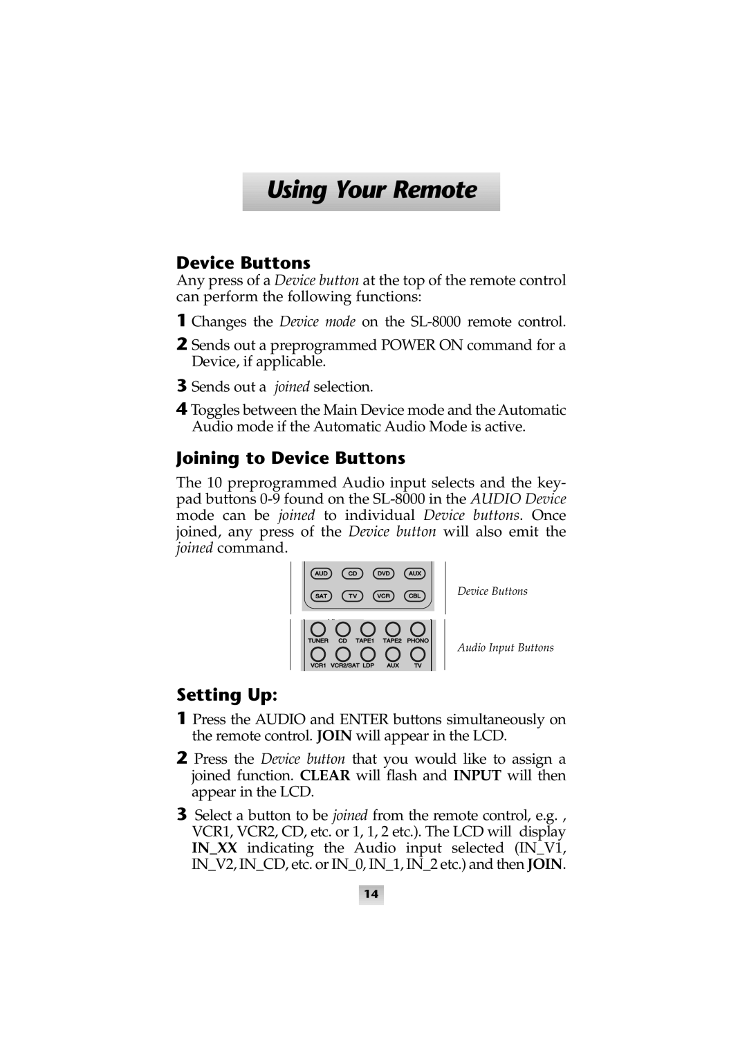 Universal Remote Control SL-8000 manual Joining to Device Buttons, Setting Up 