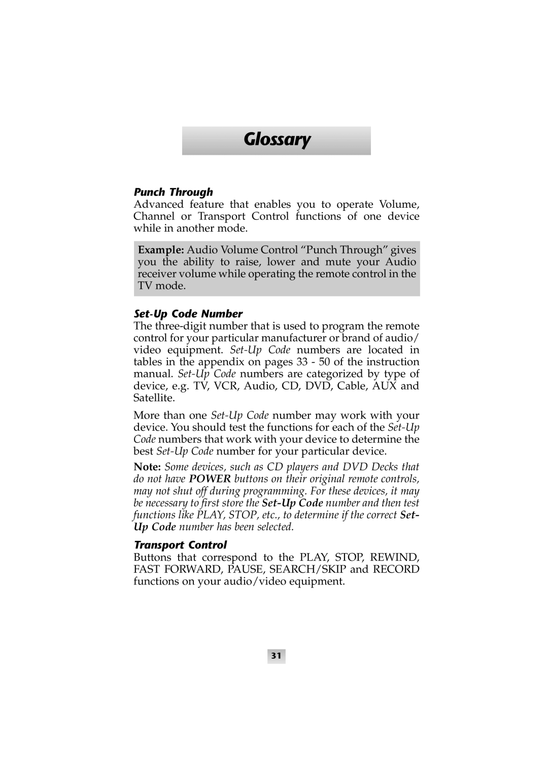 Universal Remote Control SL-8000 manual Glossary, Set-Up Code Number 