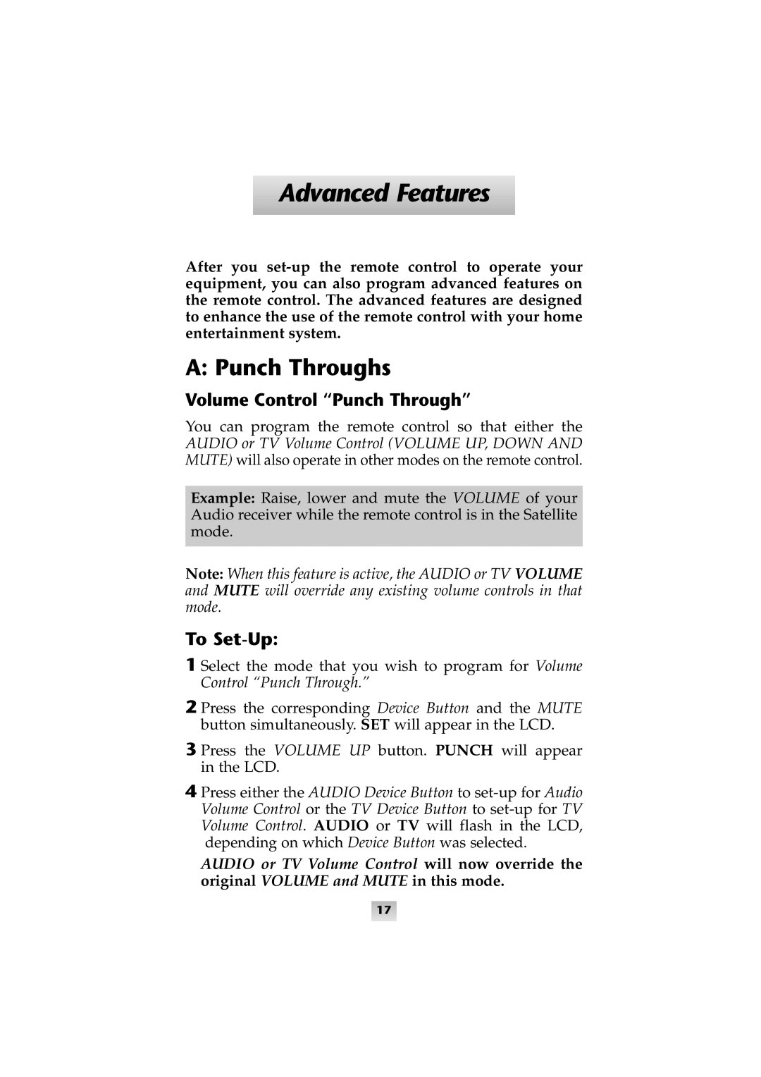 Universal Remote Control SL-8000 manual Advanced Features, Punch Throughs, Volume Control Punch Through, To Set-Up 