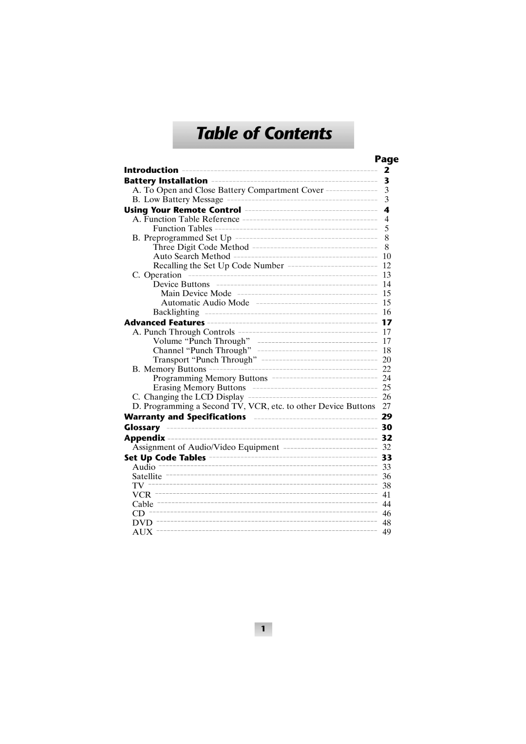 Universal Remote Control SL-8000 manual Table of Contents 