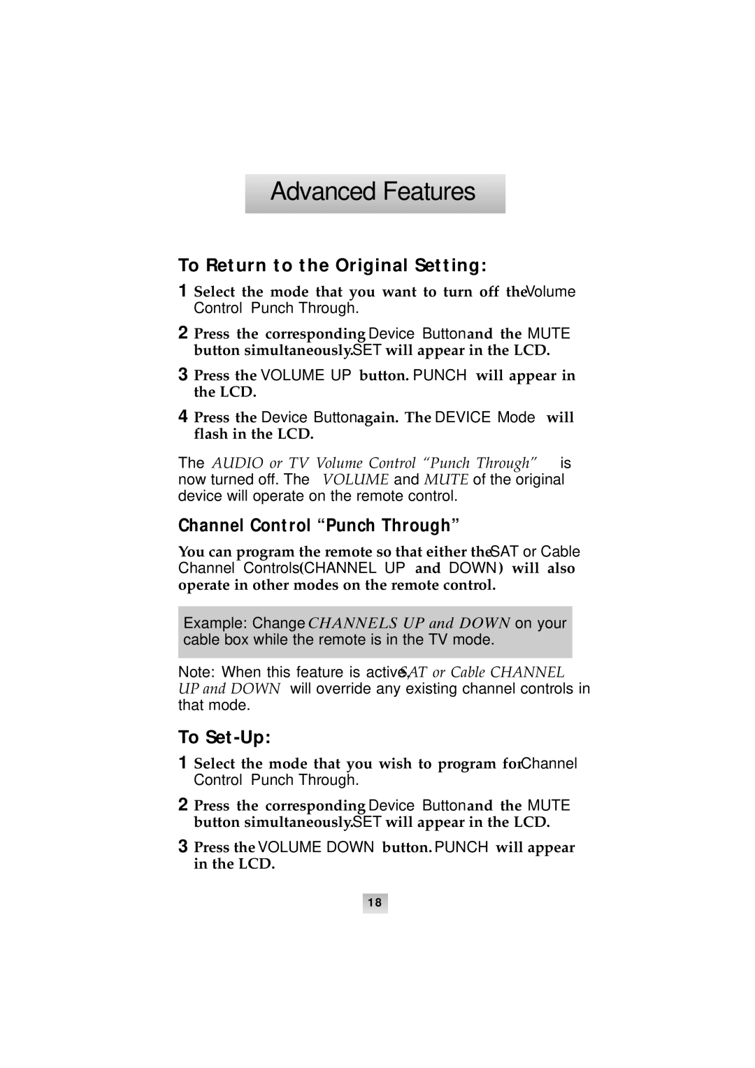 Universal Remote Control SL-8000 manual To Return to the Original Setting, Channel Control Punch Through 