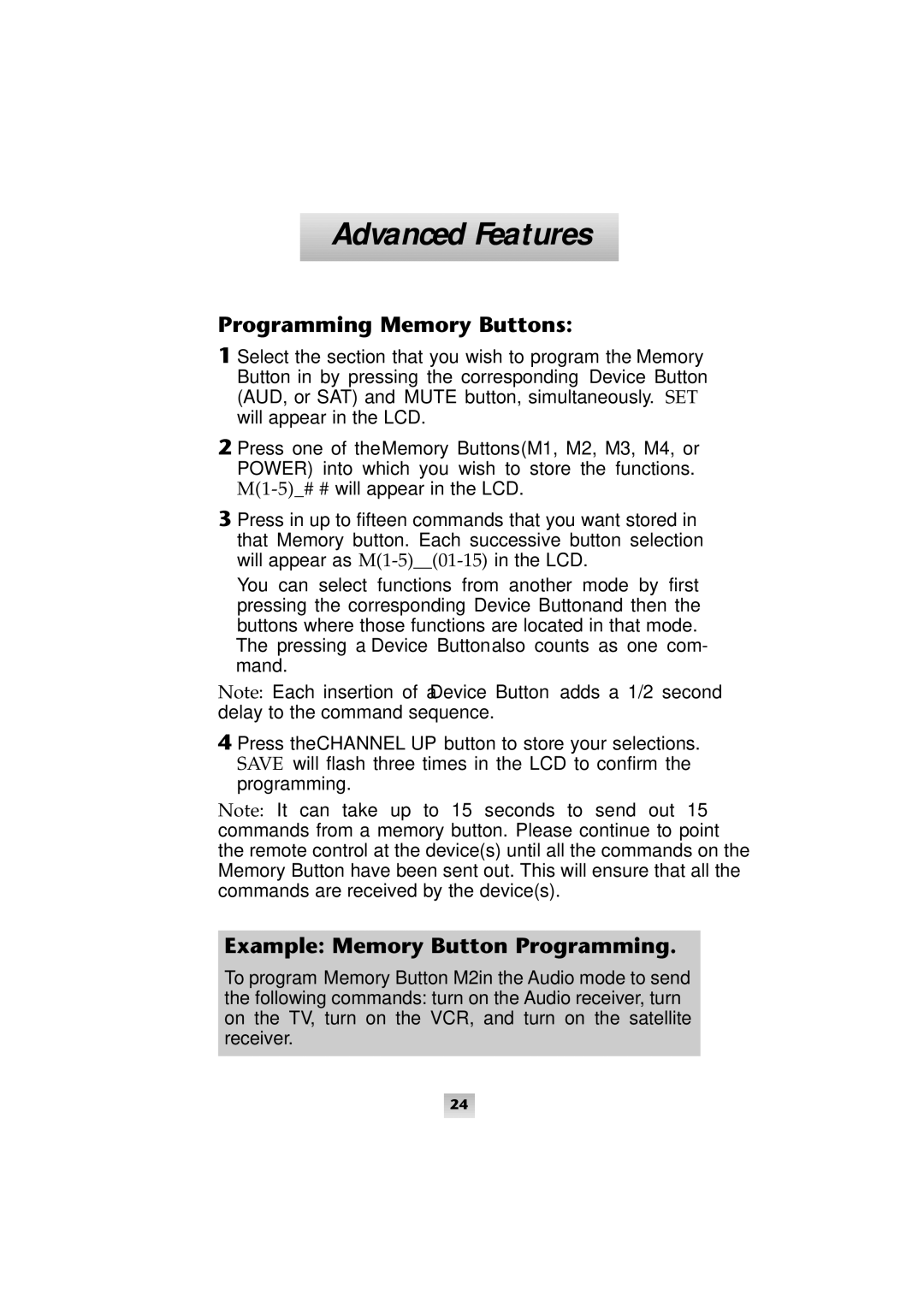 Universal Remote Control SL-8000 manual Programming Memory Buttons, Example Memory Button Programming 