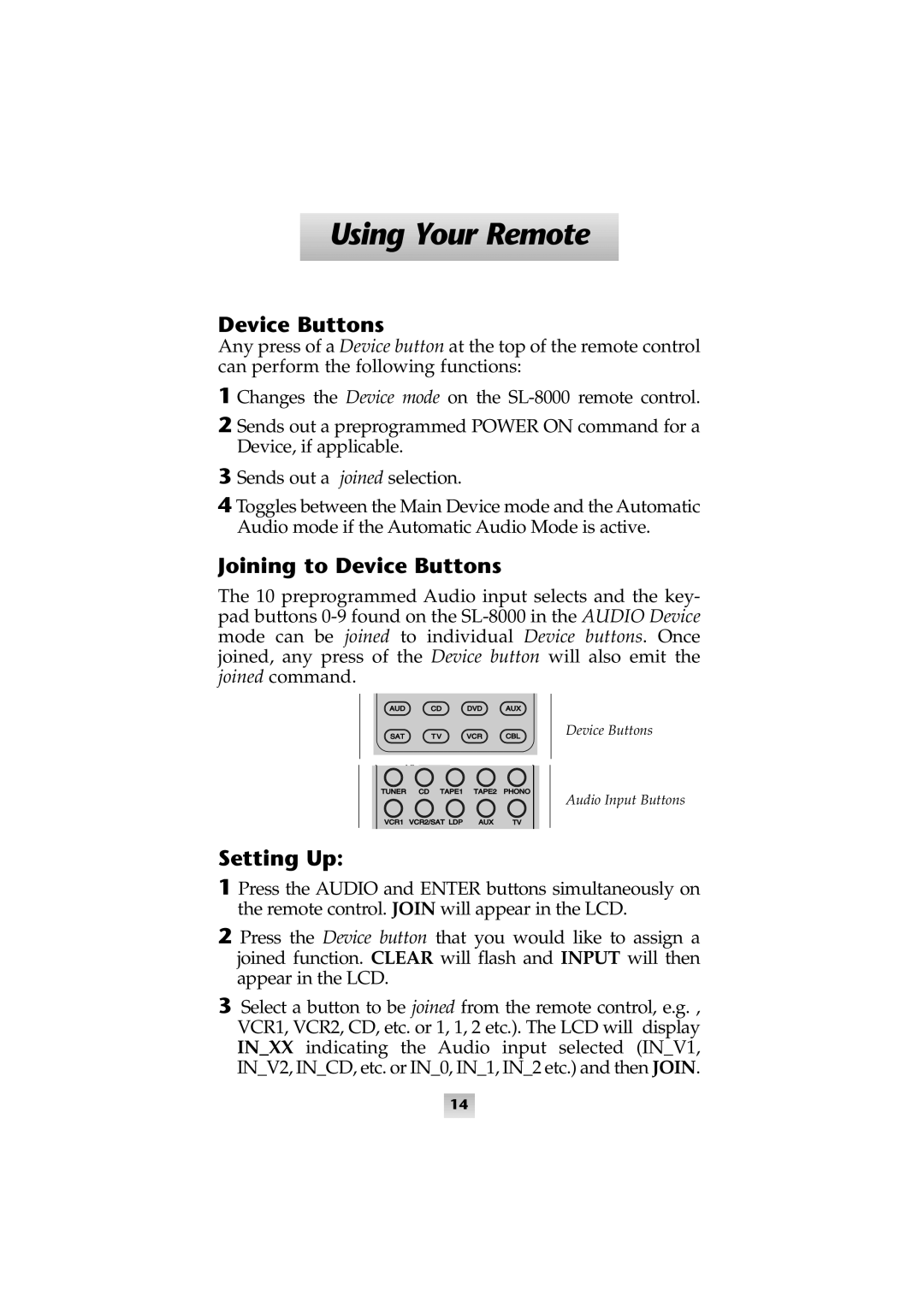 Universal Remote Control SL-8000 manual Joining to Device Buttons, Setting Up, Using Your Remote 
