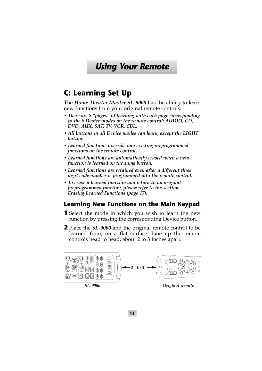 Universal Remote Control SL-9000 manual Learning Set Up, Learning New Functions on the Main Keypad 