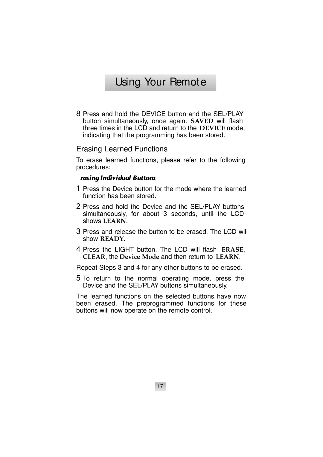 Universal Remote Control SL-9000 manual Erasing Learned Functions, Erasing Individual Buttons 