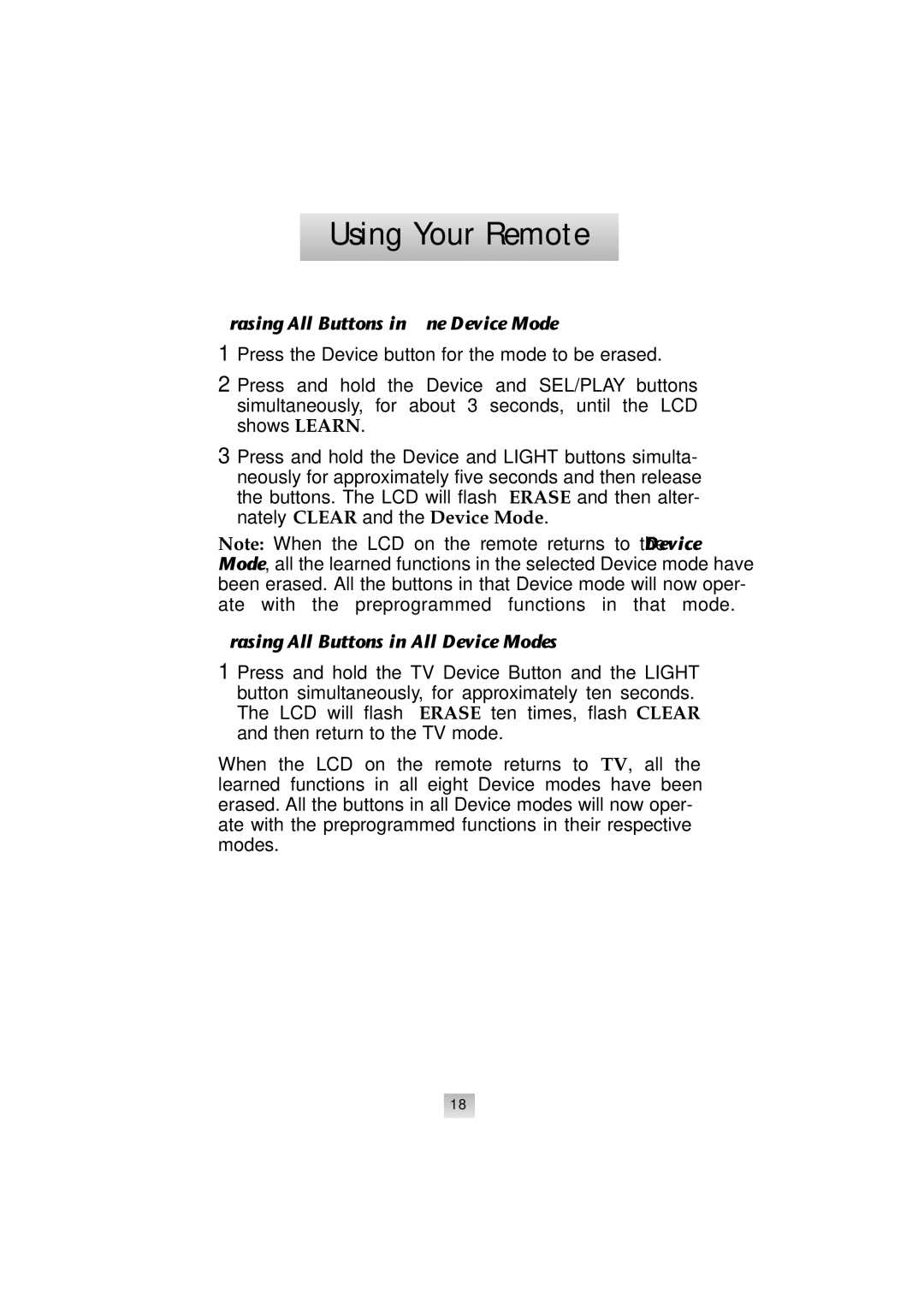 Universal Remote Control SL-9000 manual Erasing All Buttons in One Device Mode 