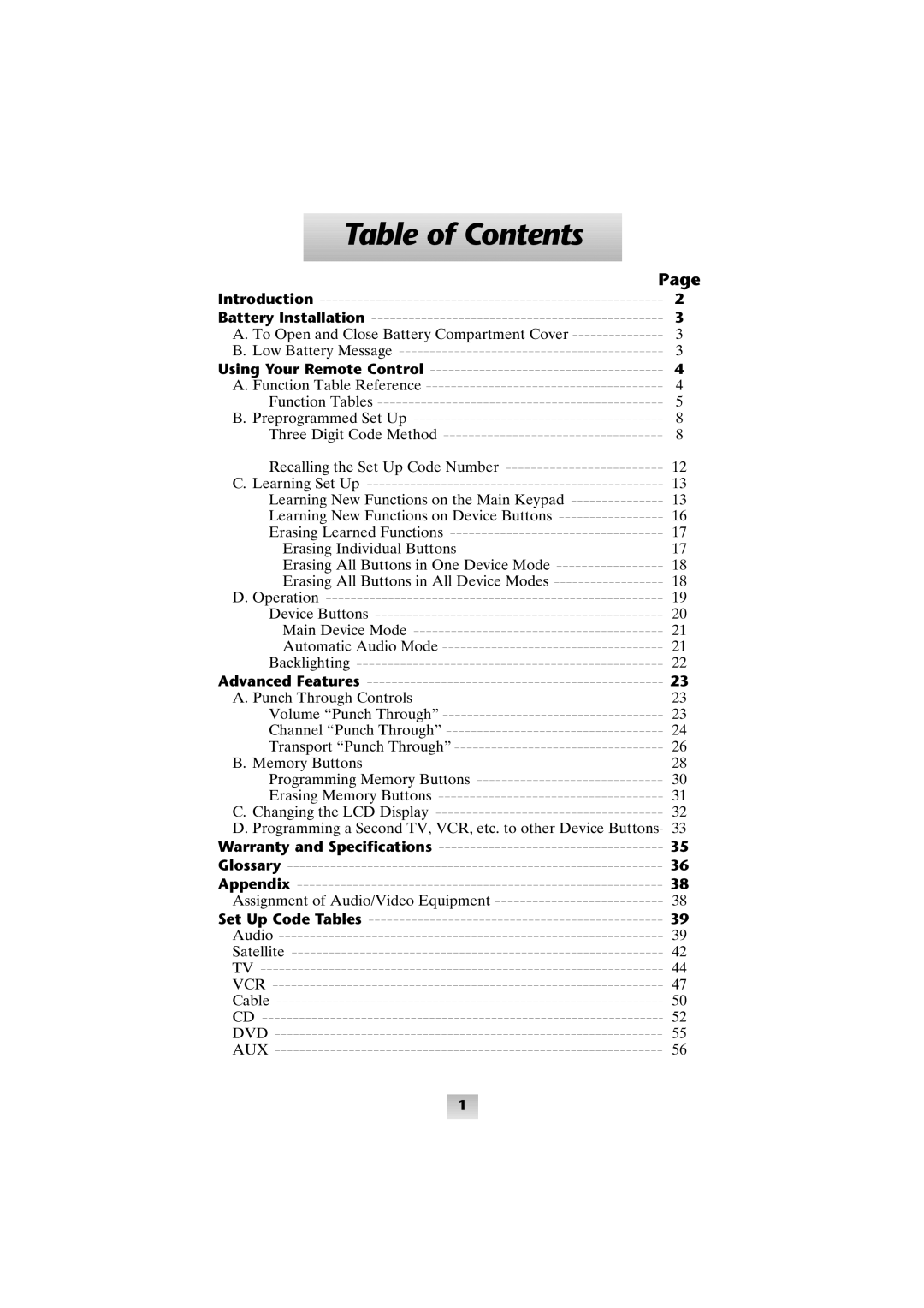 Universal Remote Control SL-9000 manual Table of Contents 