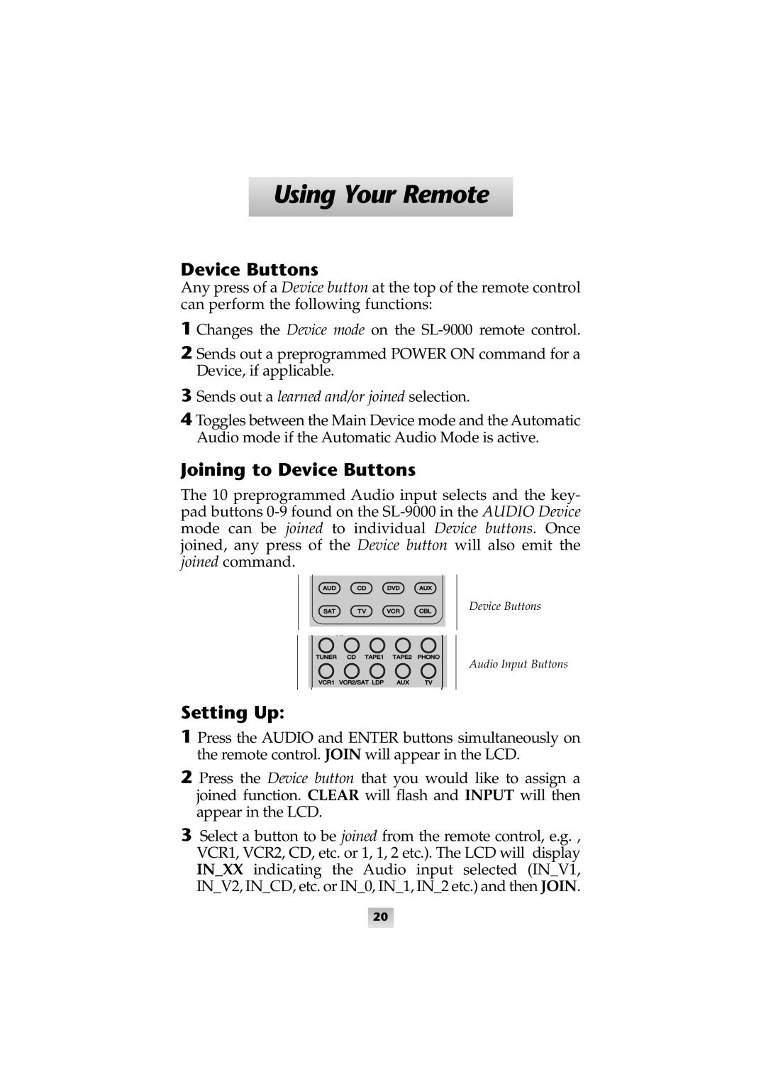 Universal Remote Control SL-9000 manual Joining to Device Buttons, Setting Up 