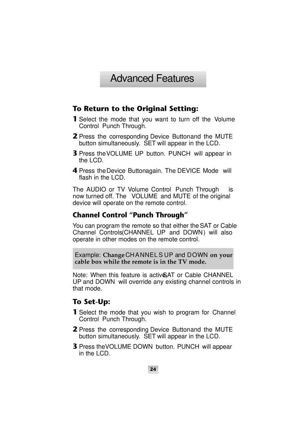 Universal Remote Control SL-9000 manual To Return to the Original Setting, Channel Control Punch Through 