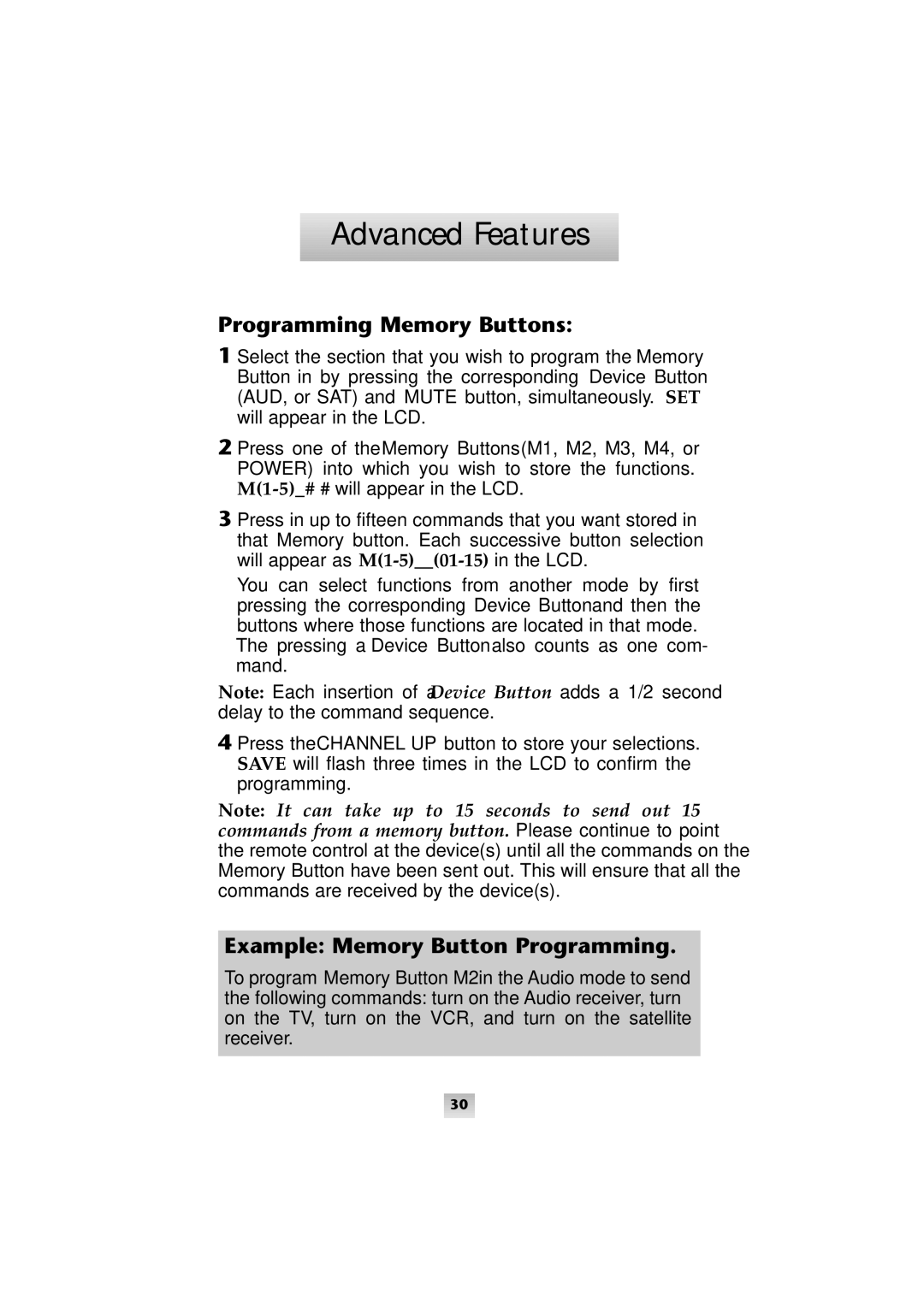 Universal Remote Control SL-9000 manual Programming Memory Buttons, Example Memory Button Programming 