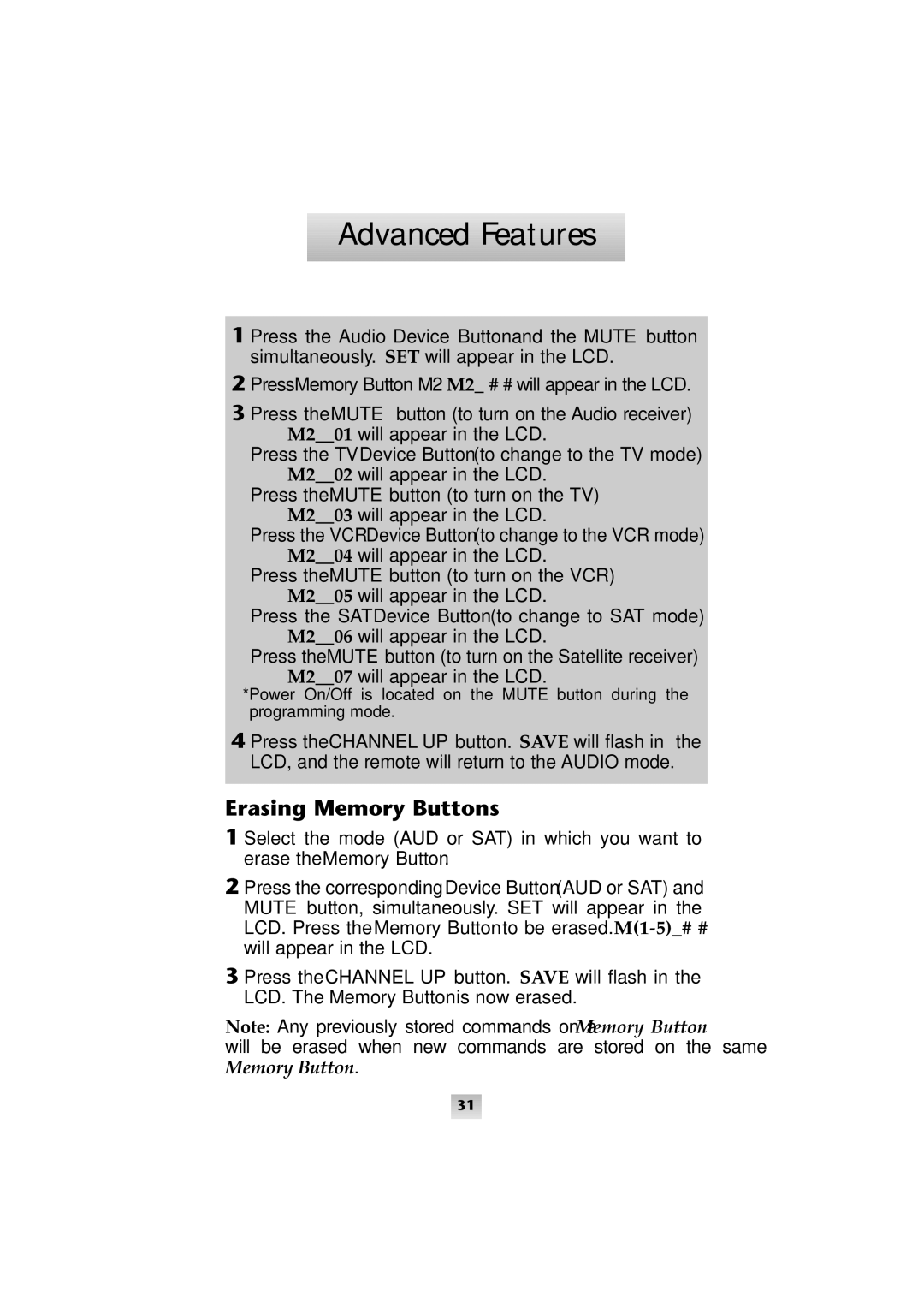 Universal Remote Control SL-9000 manual Erasing Memory Buttons 