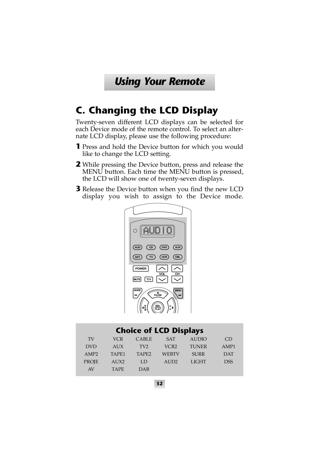 Universal Remote Control SL-9000 manual Changing the LCD Display, Choice of LCD Displays 