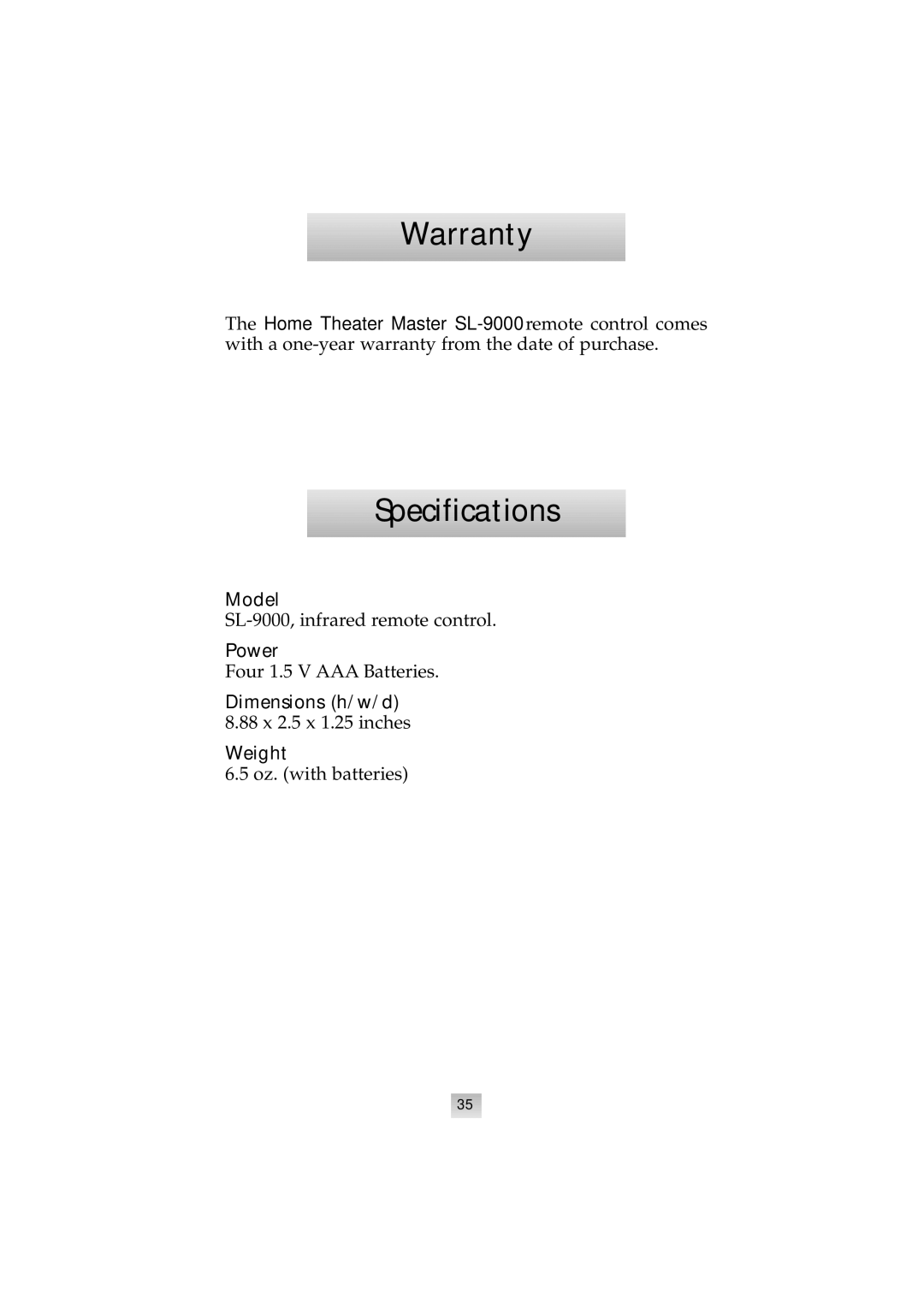 Universal Remote Control SL-9000 manual Warranty, Specifications 