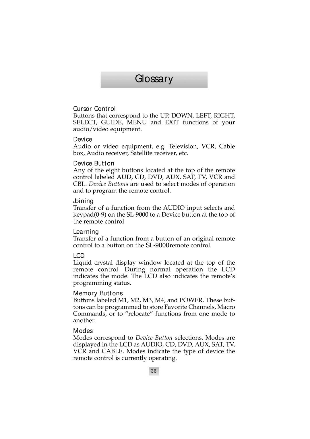 Universal Remote Control SL-9000 manual Glossary, Cursor Control 