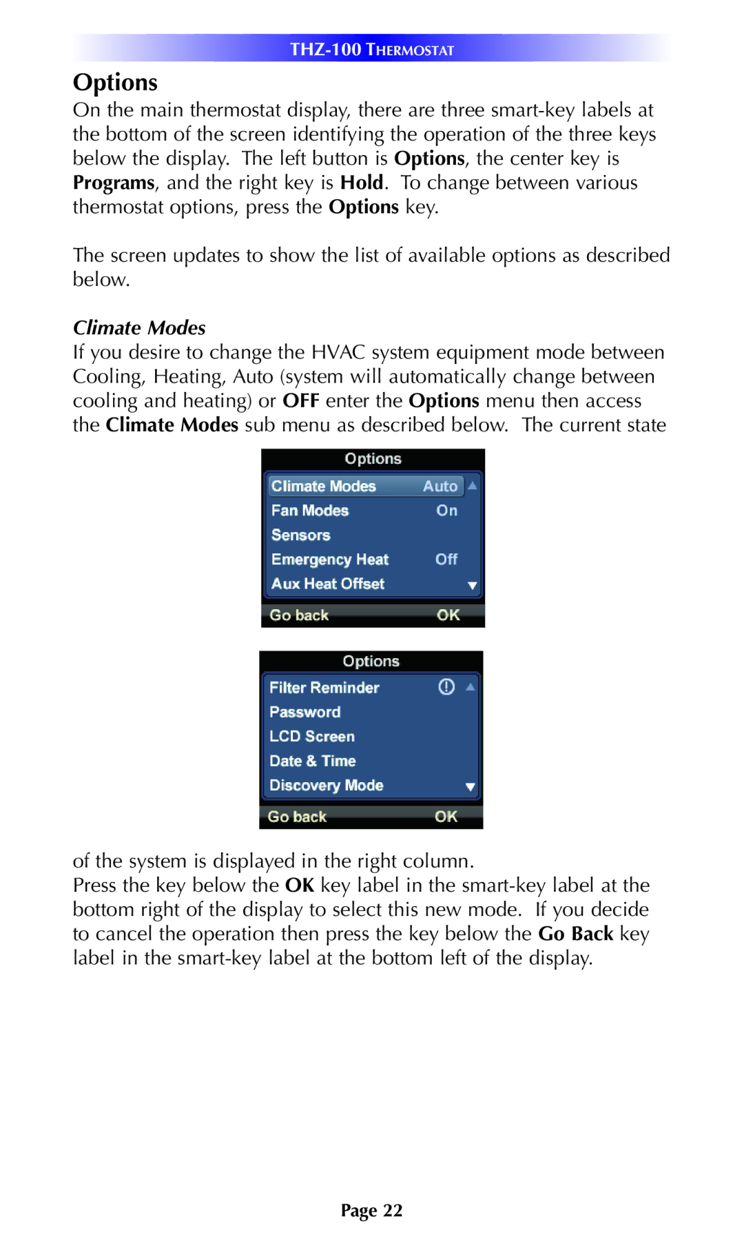 Universal Remote Control THZ-100 owner manual Options, Climate Modes 