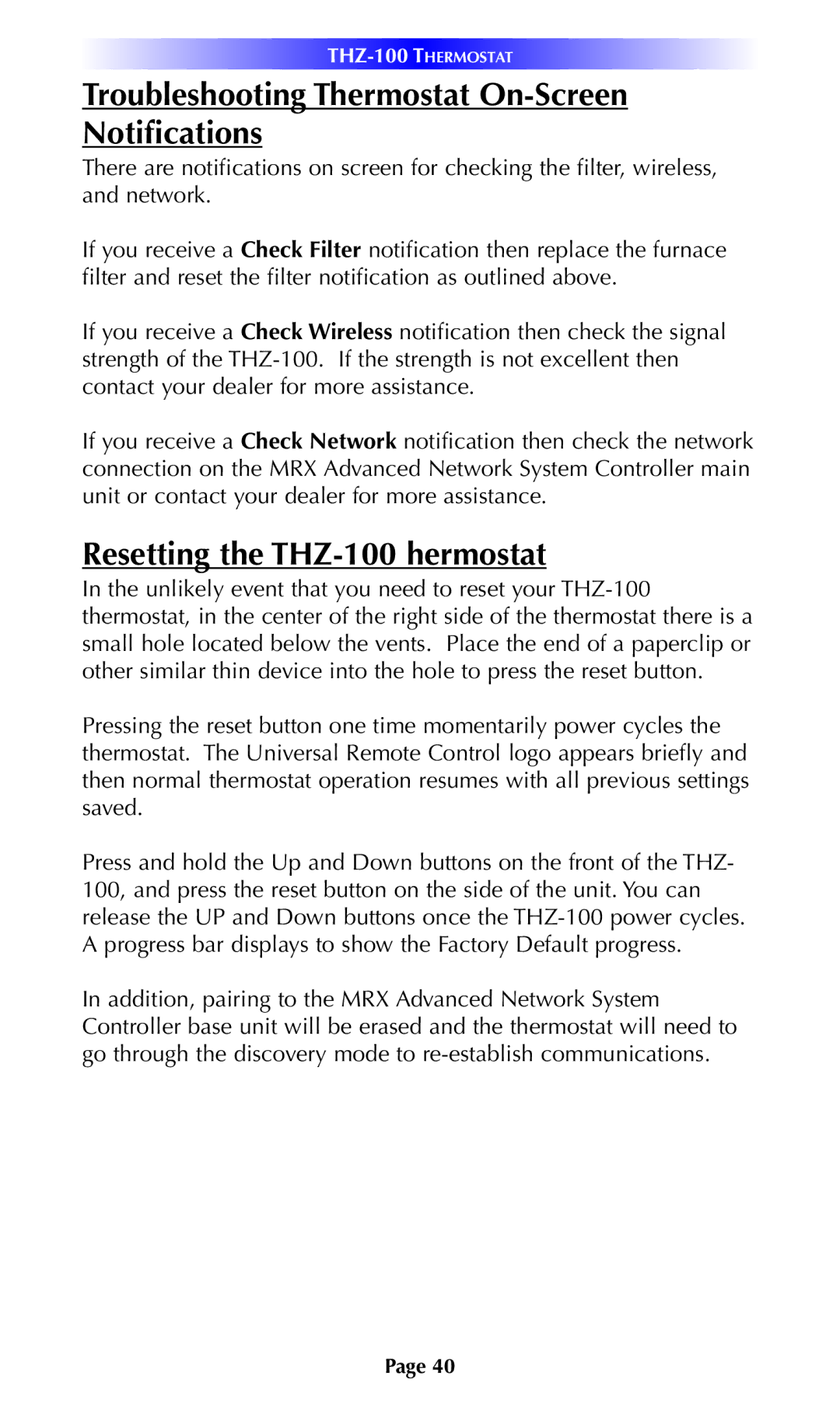 Universal Remote Control THZ-100 owner manual Troubleshooting Thermostat On-Screen Notifications 