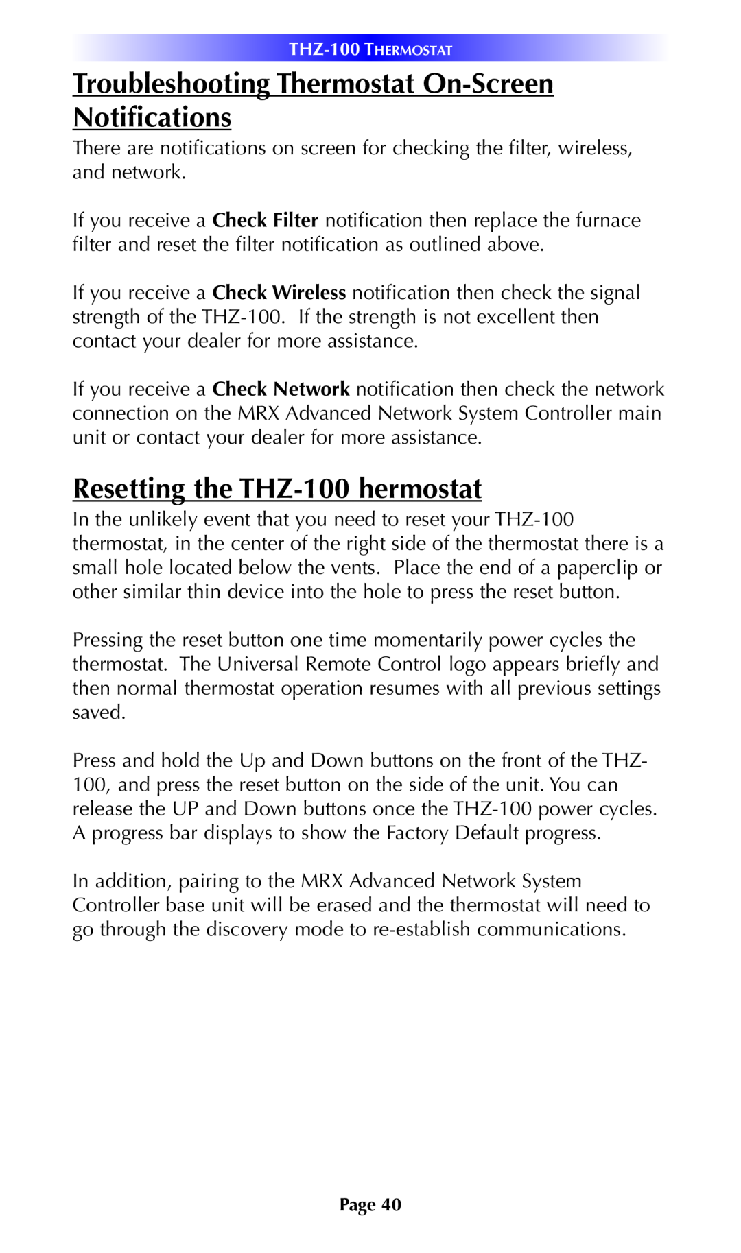 Universal Remote Control owner manual Troubleshooting Thermostat On-ScreenNotifications, Resetting the THZ-100hermostat 