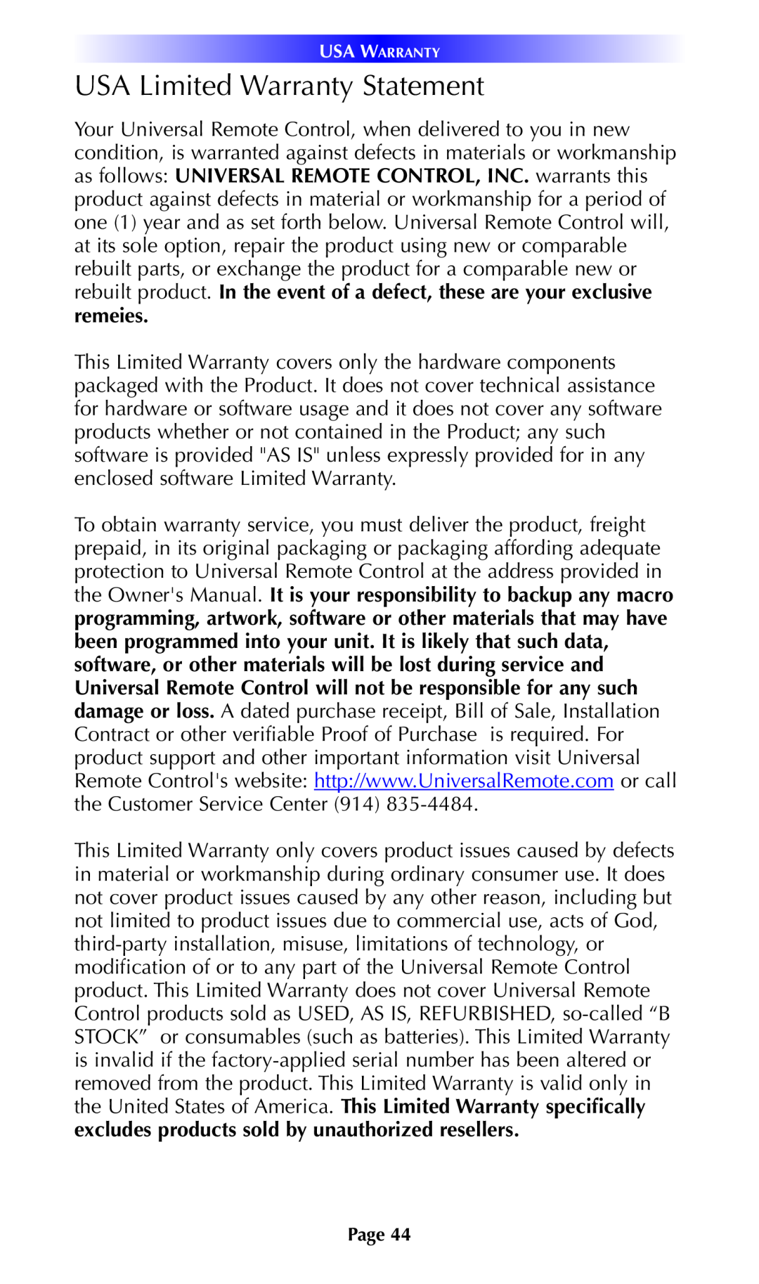 Universal Remote Control THZ-100 owner manual USA Limited Warranty Statement, Usa Warranty 