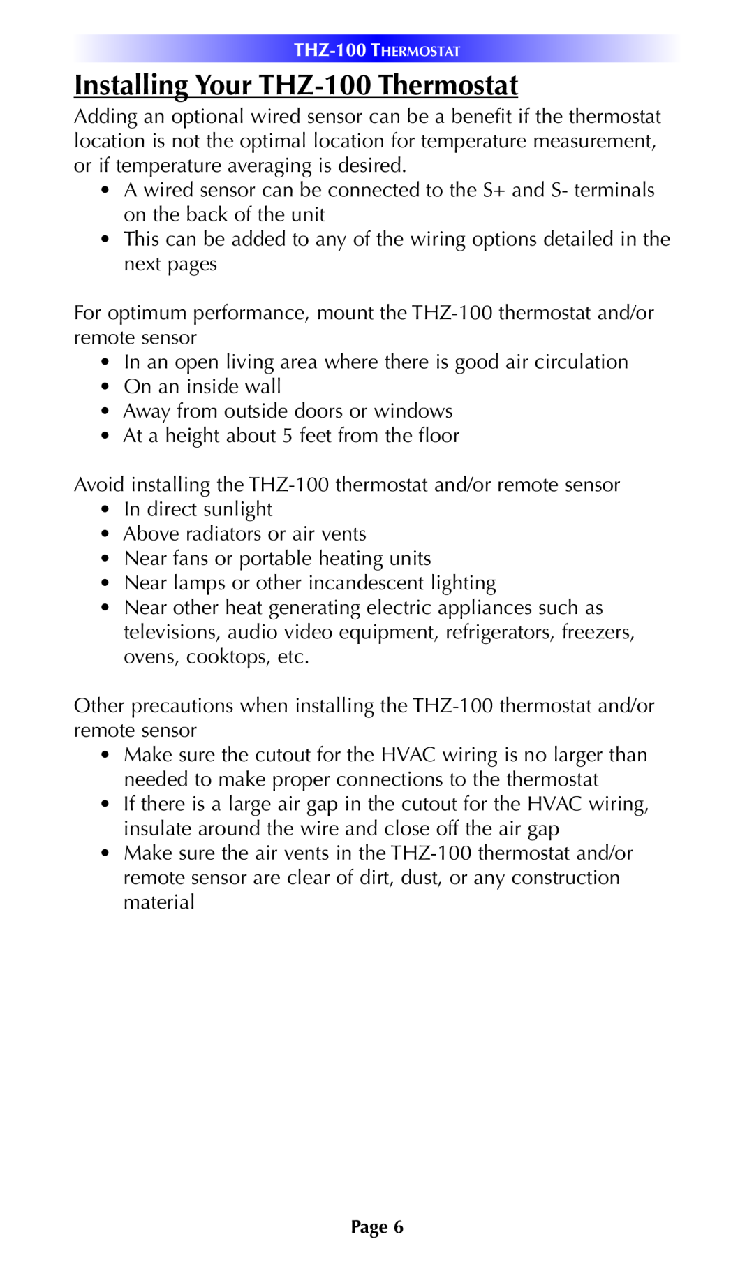 Universal Remote Control owner manual Installing Your THZ-100Thermostat 