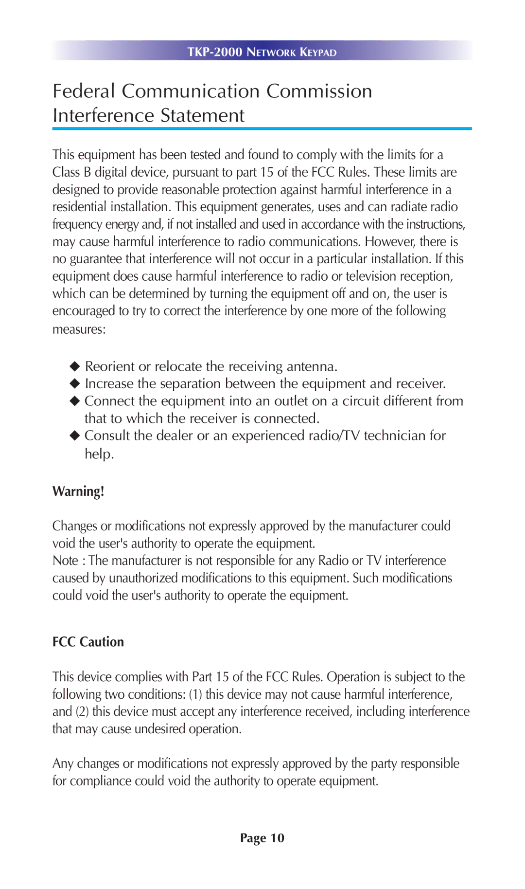 Universal Remote Control TKP-2000 owner manual Federal Communication Commission Interference Statement, FCC Caution 