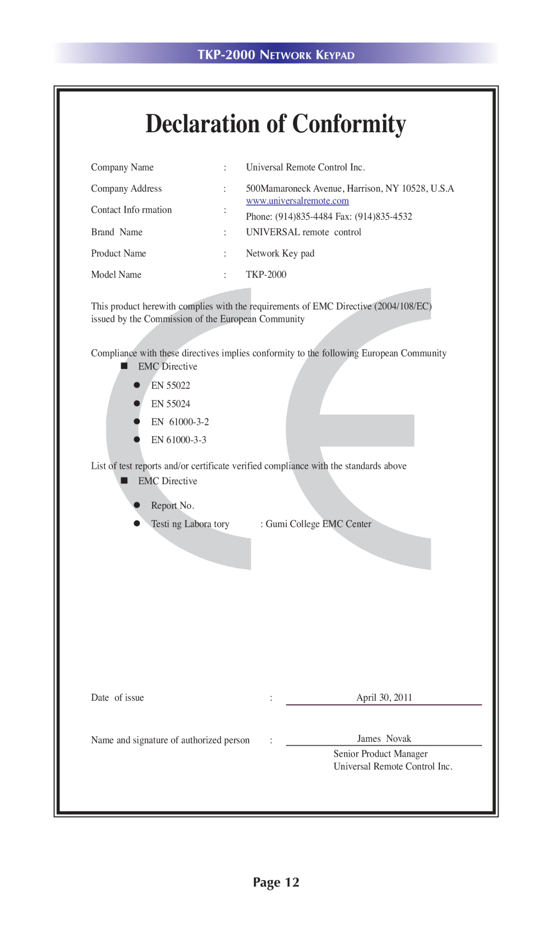 Universal Remote Control TKP-2000 owner manual Declaration of Conformity 