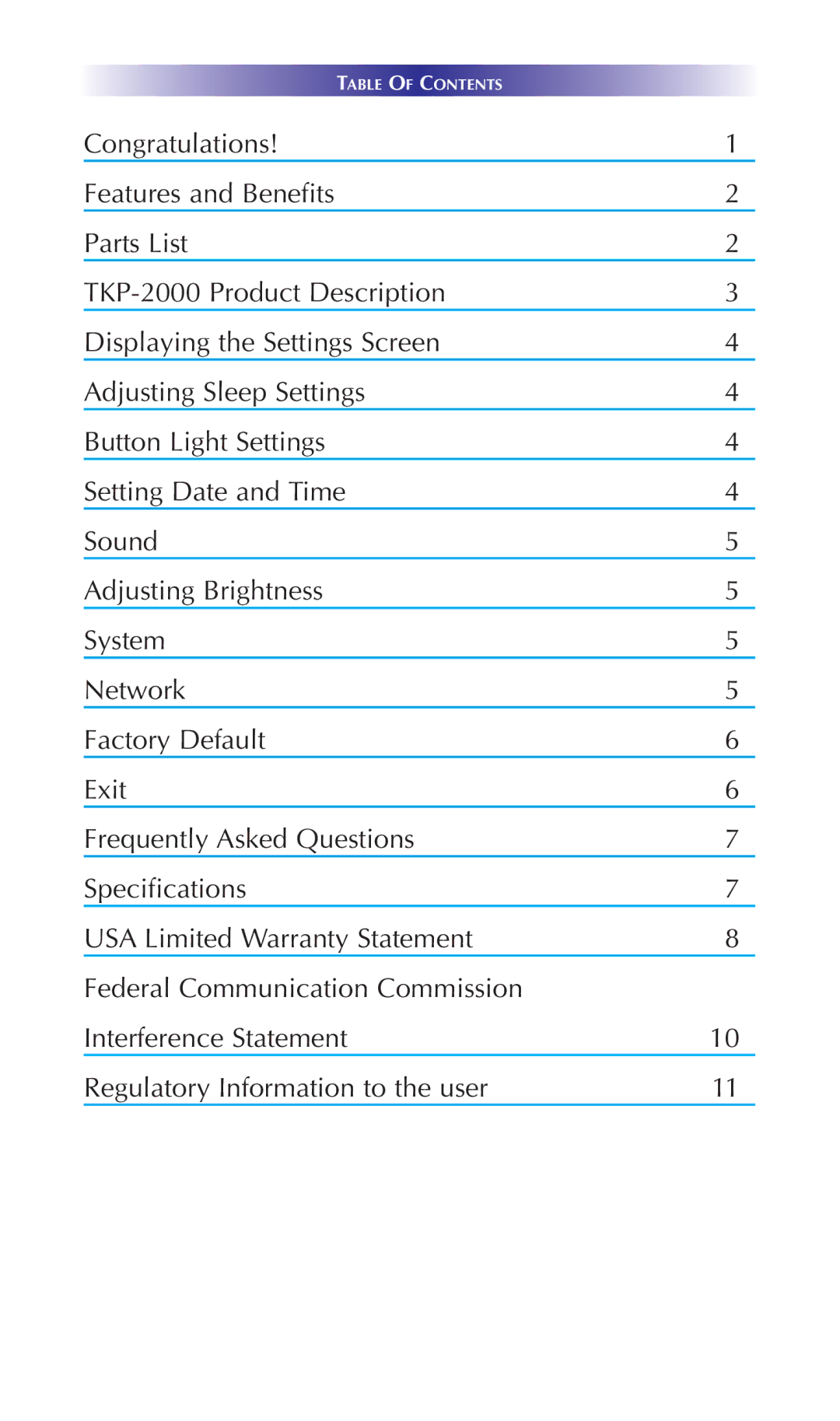 Universal Remote Control TKP-2000 owner manual Table of Contents 