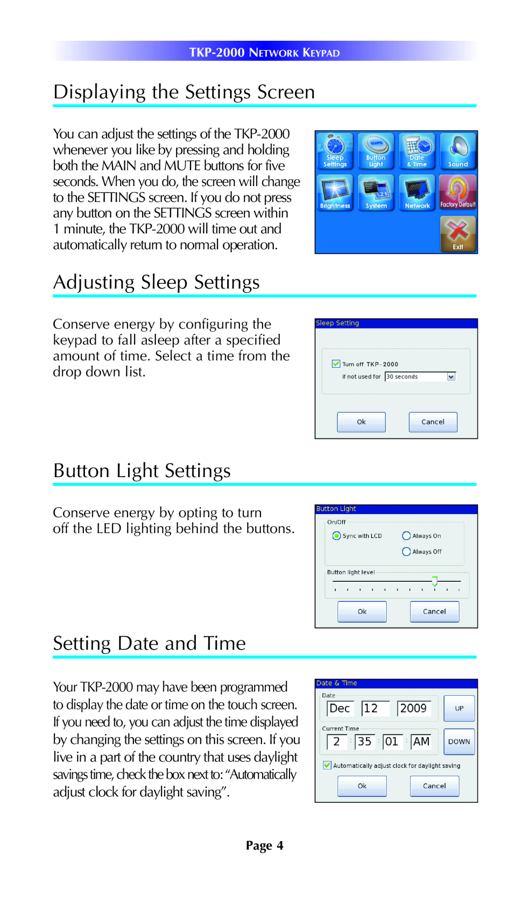 Universal Remote Control TKP-2000 Displaying the Settings Screen, Adjusting Sleep Settings, Button Light Settings, Page 