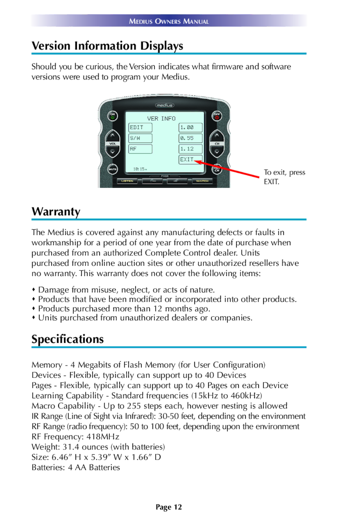 Universal Remote Control TX-1000 manual Version Information Displays, Warranty, Specifications 