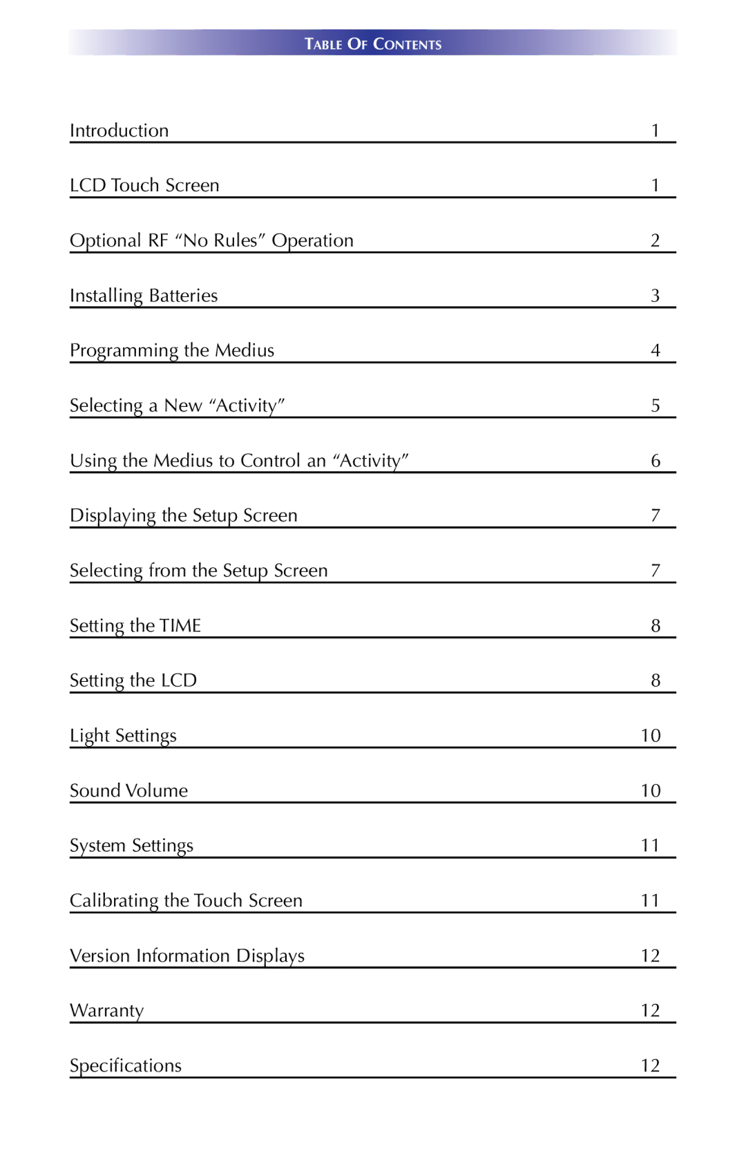 Universal Remote Control TX-1000 manual Table of Contents 