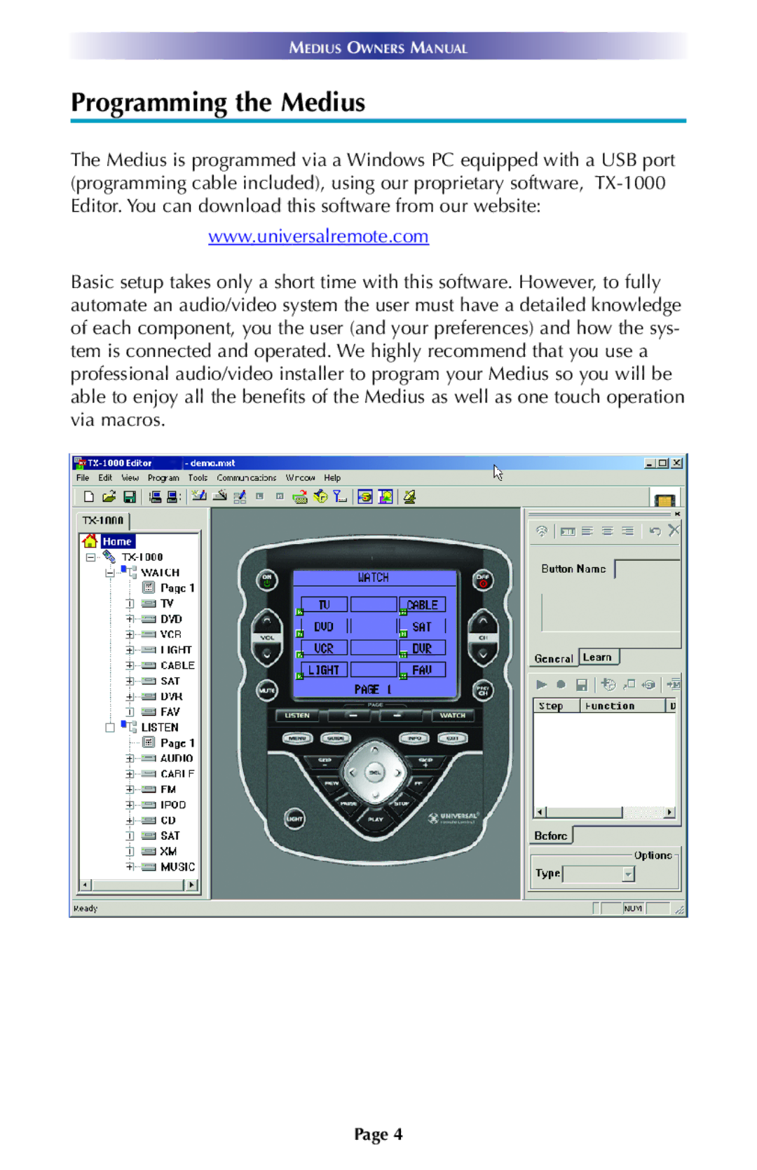 Universal Remote Control TX-1000 manual Programming the Medius 