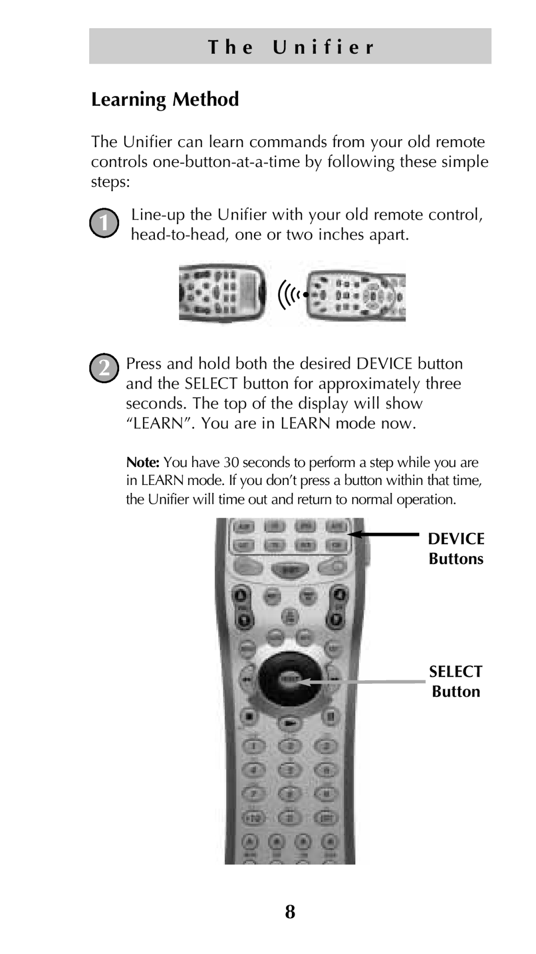 Universal Remote Control Unifier URC-100 owner manual E U n i f i e r Learning Method 