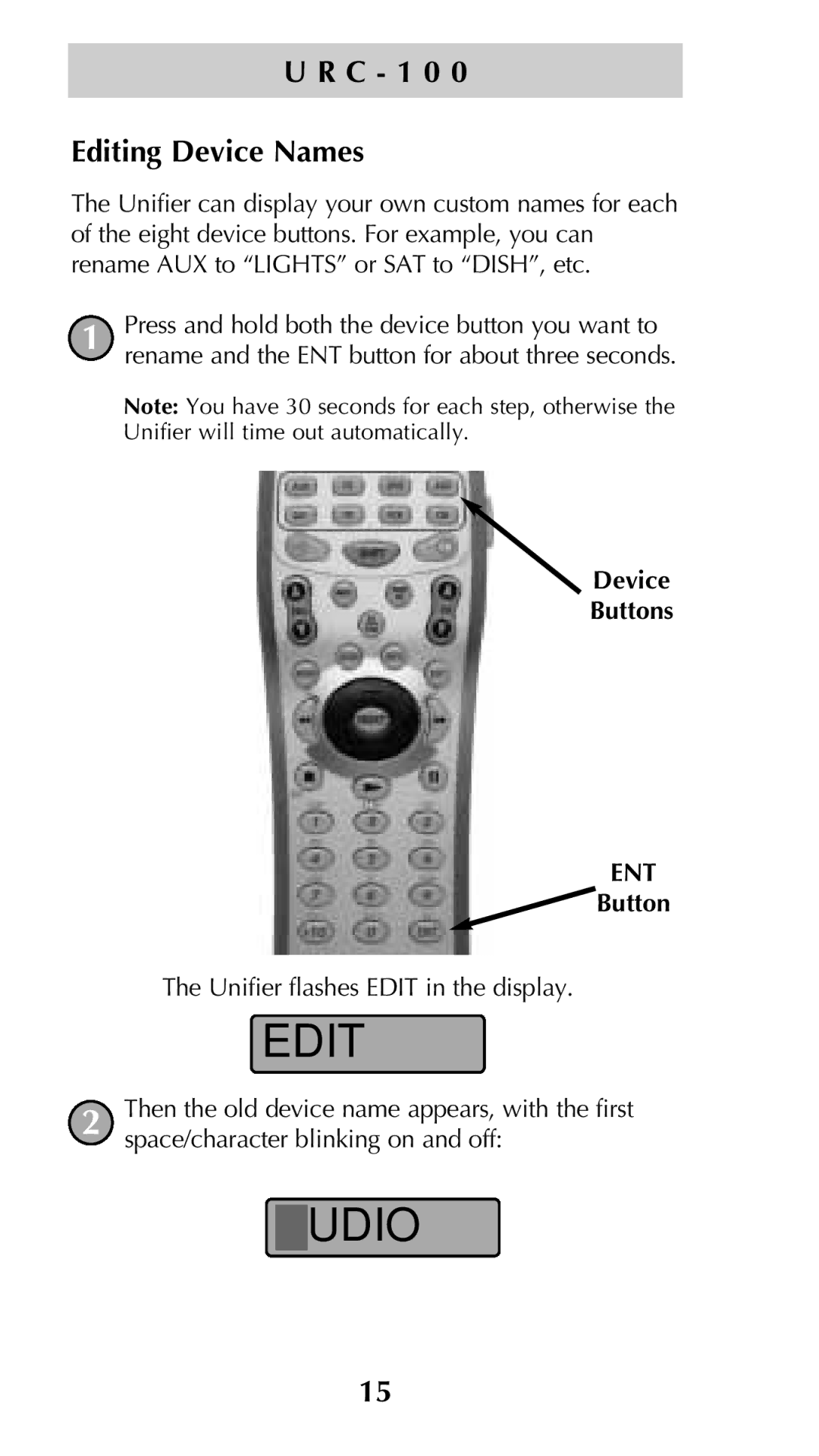 Universal Remote Control Unifier URC-100 owner manual Audio, C 1 0 Editing Device Names 