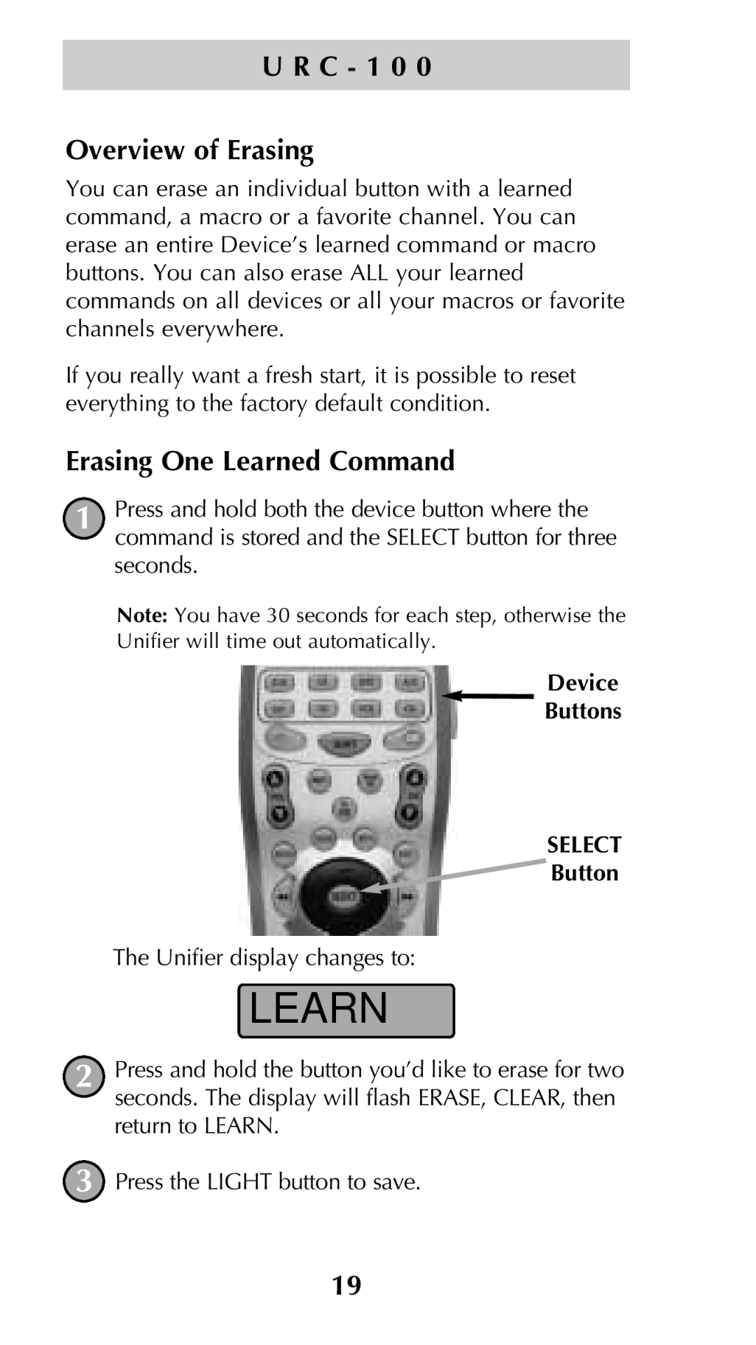 Universal Remote Control Unifier URC-100 owner manual C 1 0 Overview of Erasing, Erasing One Learned Command 