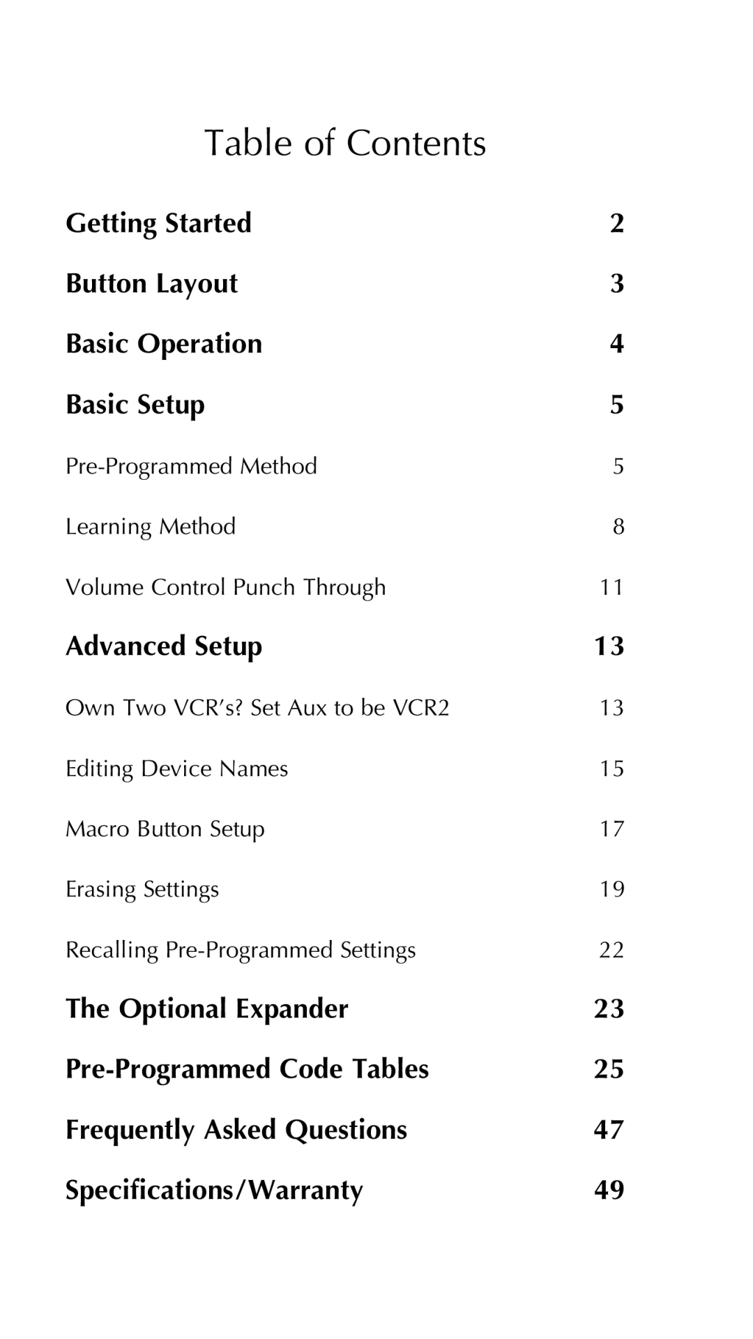 Universal Remote Control Unifier URC-100 owner manual Table of Contents 