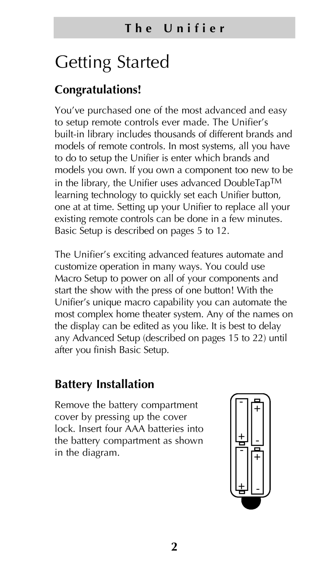 Universal Remote Control Unifier URC-100 Getting Started, E U n i f i e r, Congratulations, Battery Installation 