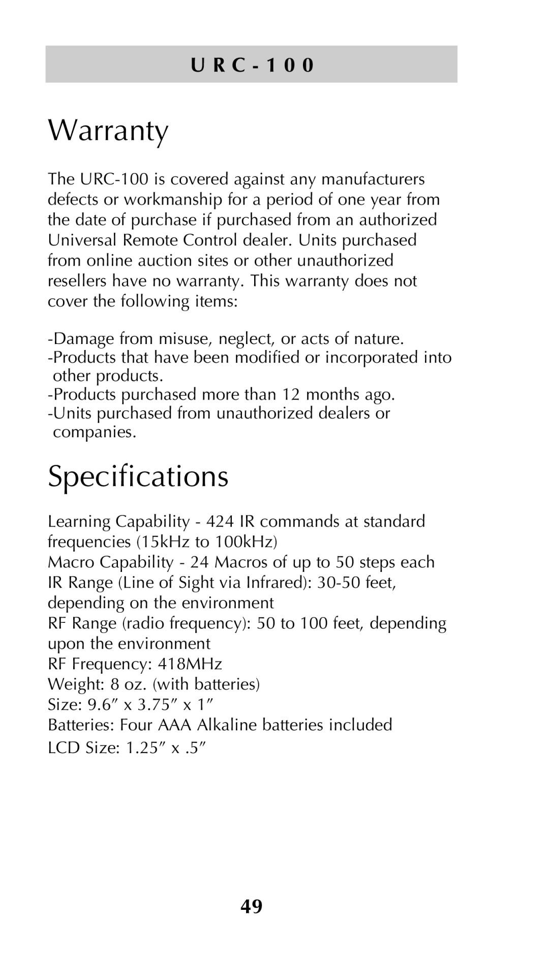 Universal Remote Control Unifier URC-100 owner manual Warranty, Specifications 