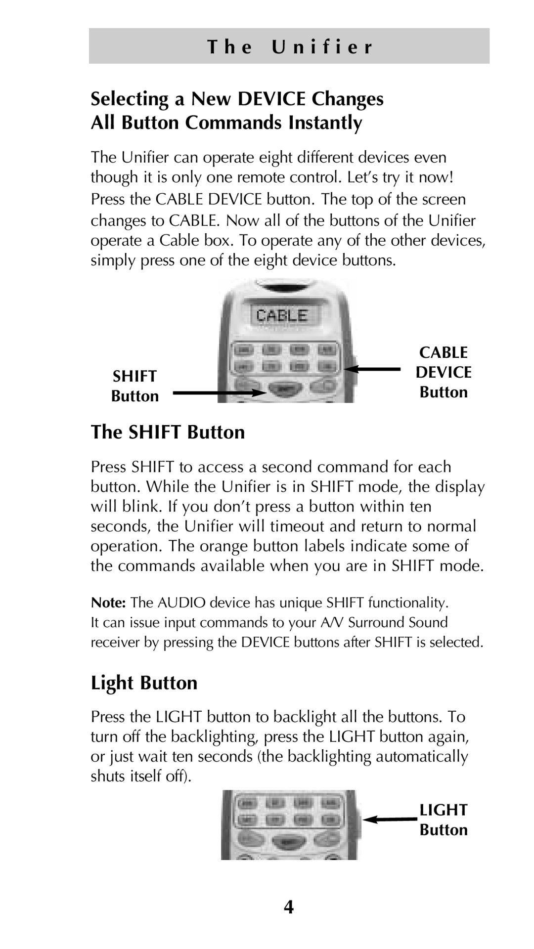 Universal Remote Control Unifier URC-100 owner manual Shift Button, Light Button 